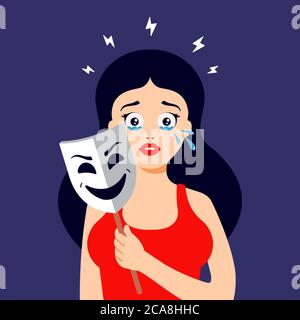 la ragazza nasconde le sue lacrime dietro una maschera sorridente. crisi emotiva. Illustrazione vettoriale a caratteri piatti. Illustrazione Vettoriale