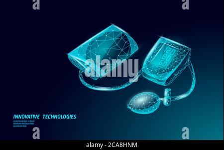 Tonometro medicale elettronico 3D a basso contenuto di poli per la misurazione della pressione sanguigna. Analisi di controllo medico-sanitario. Illustrazione del vettore del farmaco del test di controllo Illustrazione Vettoriale