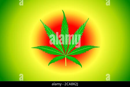 Pianta di erbe di medicina di erbe. Foglia verde di cannabis. Illustrazione vettoriale della marijuana su sfondo verde, giallo, rosso. Foto Stock