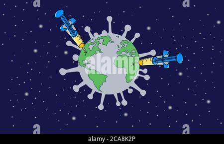 Siringa con il vaccino Covid-19. Il mondo che è stato controllato da Covid-19. Proteggere il mondo dal virus Corona (Covid-19). Foto Stock