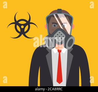 manager in una maschera a gas. proteggere la vostra salute dalle armi biologiche. Illustrazione vettoriale a caratteri piatti. Illustrazione Vettoriale