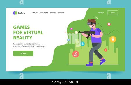 landing page per gli occhiali di realtà virtuale. il ragazzo sta giocando uno sparatutto. Illustrazione vettoriale a caratteri piatti. Illustrazione Vettoriale