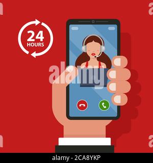 chiamare il call center dal telefono. guida 24 ore su 24. illustrazione vettoriale piatta. Illustrazione Vettoriale