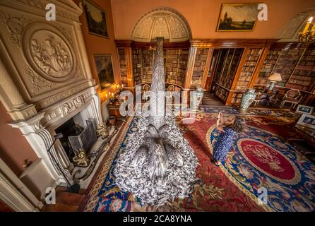 Paula Martin, responsabile delle collezioni Harewood House, fotografa 'Discharge', una scultura realizzata con 10,000 piume di piccione dell'artista Kate MccGwire, nella biblioteca principale di Harewood House a Leeds, Questo fa parte di una mostra inedita 'Menagerie', dopo che la casa di Harewood riaprì al pubblico in seguito all'allentamento delle restrizioni di blocco in Inghilterra. Foto Stock