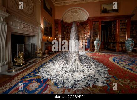 Paula Martin, responsabile delle collezioni Harewood House, fotografa 'Discharge', una scultura realizzata con 10,000 piume di piccione dell'artista Kate MccGwire, nella biblioteca principale di Harewood House a Leeds, Questo fa parte di una mostra inedita 'Menagerie', dopo che la casa di Harewood riaprì al pubblico in seguito all'allentamento delle restrizioni di blocco in Inghilterra. Foto Stock