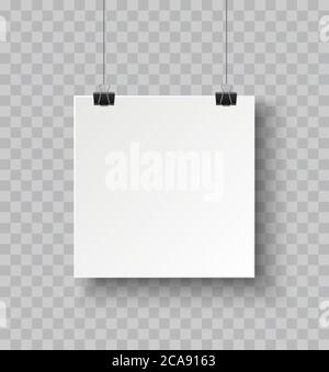 Poster in carta quadrata appeso su una corda con clip e immagine vettoriale realistica con ombra morbida isolata su sfondo trasparente Illustrazione Vettoriale
