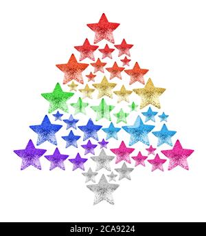 Albero di Natale fatto di stelle lucenti sfondo bianco isolato primo piano, stelle colorate in forma di ornamento decorativo di capodanno, abete stellato ornamento Foto Stock