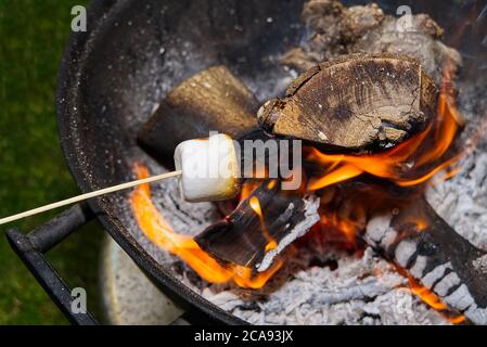 cottura del marshmallow su bastone di legno sopra il fuoco. Foto Stock