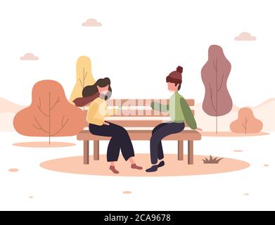 L'uomo e la donna hanno una data nel parco. Coppia romantica seduta sulla panchina e sorridente. Due amanti trascorrono il tempo insieme. Felice autunno sfondo. Vettore Illustrazione Vettoriale