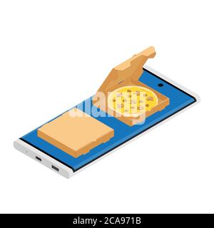 Servizio di consegna pizza fast food online. Illustrazione vettoriale della vista isometrica. Può essere utilizzato per pubblicità, infografica, giochi o app mobili. Illustrazione Vettoriale