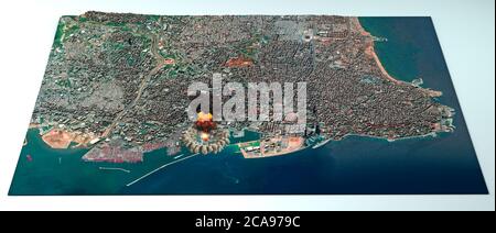 Vista satellitare della città di Beirut in Libano. Strade ed edifici. Luogo dell'esplosione nell'area del porto. NASA, rendering 3d Foto Stock