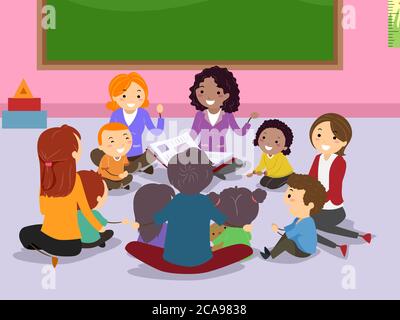Illustrazione di studenti Stickman Kids con genitori in classe Storytelling Foto Stock