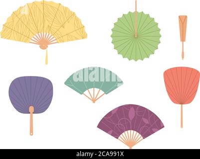 Fan asiatici. Set di ventilatori tradizionali a mano colorati isolati su sfondo bianco. Ventole vettoriali per la verniciatura a piegatura della carta Illustrazione Vettoriale