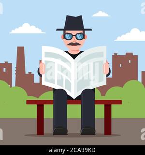 spy si siede su una panchina con un giornale tra le mani e un cappello. personaggio osservatore segreto. Illustrazione vettoriale piatta. Illustrazione Vettoriale