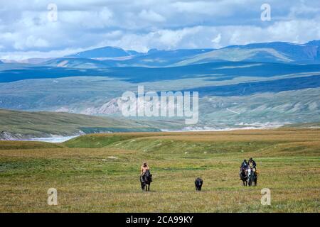 Cavalieri del Kirghizistan conducendo un bue, Sary Jaz valley, Issyk Kul regione, Kirghizistan Foto Stock