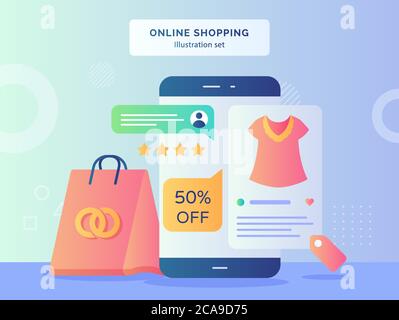Illustrazione dello shopping online Imposta il tasso di stella sullo schermo dello smartphone sullo sfondo dei vestiti delle borse della spesa con stile piatto. Illustrazione Vettoriale