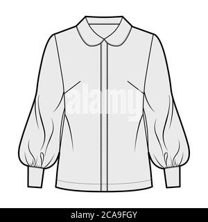 Camicia lunga a manica alfiere illustrazione tecnica della moda con colletto rotondo, chiusura frontale con bottoni, silhouette allentata. Camicetta piatta fronte modello di abbigliamento, colore grigio. Donne, uomini unisex top CAD mockup Illustrazione Vettoriale