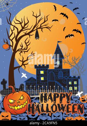 Happy Halloween Poster, illustrazione vettoriale. Con una zucca male, pipistrelli, un castello, e un felice testo di Halloween Illustrazione Vettoriale