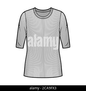 Maglia a coste con collo a maglia illustrazione tecnica di moda con maniche a gomito, corpo oversize, lunghezza tunica. Modello di abbigliamento da outwear piatto, colore bianco. Mockup maglia unisex donna, uomo Illustrazione Vettoriale