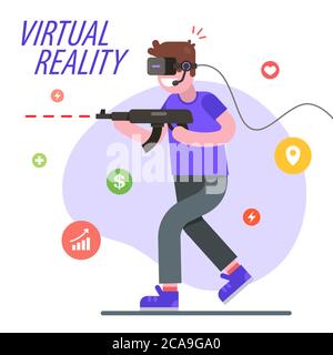 il ragazzo sta giocando un gioco di realtà virtuale. sparare in un gioco per computer. Illustrazione vettoriale a caratteri piatti. Illustrazione Vettoriale