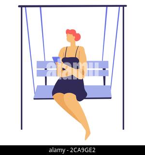 Donna che legge le informazioni sullo smartphone o che sta chiacchierando seduto sulla panchina Illustrazione Vettoriale