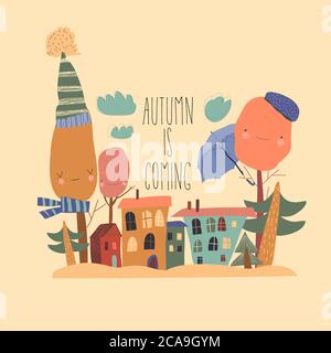 Graziosa cittadina con alberi autunnali in stile cartoon Illustrazione Vettoriale