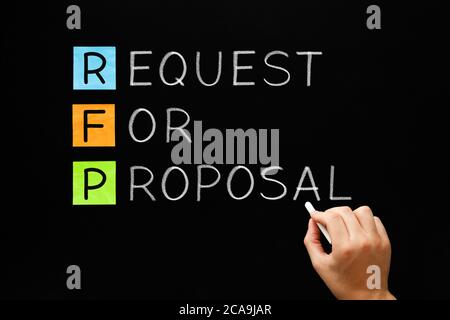 Scrittura a mano RFP richiesta di proposta di business concetto con gesso bianco su lavagna. Foto Stock