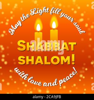 Scritta Shabbat shalom, biglietto d'auguri, illustrazione vettoriale. Due candele di shabbat brucianti e sfondo bokeh. Sabbath religioso ebreo congratulazioni Illustrazione Vettoriale