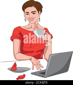 Gioiosa donna bruna in abito rosso guardando la fotocamera con una tazza di caffè in mano e lavorando sul computer portatile. Caramella rossa sul tavolo. Vettore Illustrazione Vettoriale