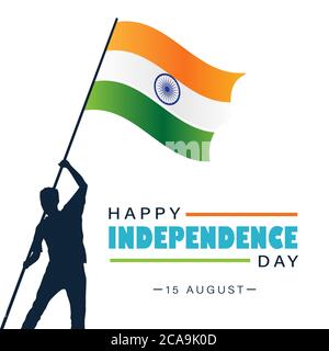 Happy Independence Day India, 15 agosto, uomo che issano bandiera indiana poster di saluto per il web, vettore di illustrazione Illustrazione Vettoriale