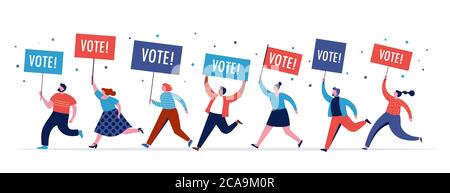 Gruppo di persone, camminando con bandiere alle elezioni. Folla di donne e uomini in una dimostrazione. Concetto di campagna elettorale, vettore di tema di voto Illustrazione Vettoriale