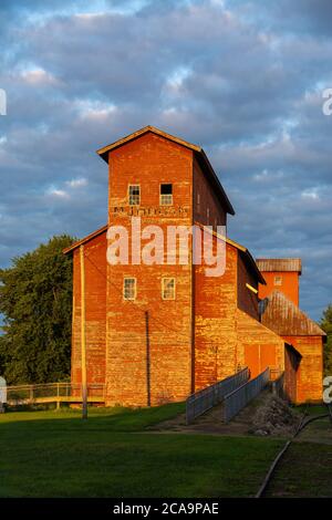 Vecchio elevatore di grano nel Midwest all'alba. Seneca, Illinois Foto Stock