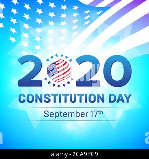 Happy United States Constitution or Citizenship Day 2020, settembre 17 - illustrazione vettoriale con bandiera USA e badge stelle. Ottimo per essere utilizzato in web ba Illustrazione Vettoriale