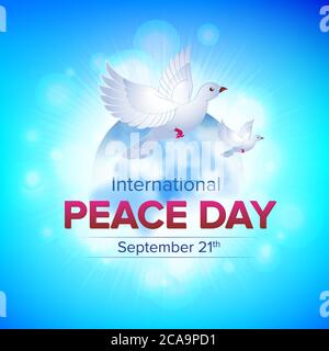 Giornata Internazionale della Pace, 21 settembre - illustrazione vettoriale con due colombe bianche volanti e globo terrestre sullo sfondo blu del cielo. Ottimo per web bann Illustrazione Vettoriale