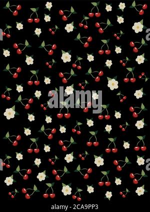 Ciliegie e fiori di ciliegio su sfondo nero. Albero di Sakura. Vettore Illustrazione Vettoriale