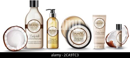 Set di prodotti per la cura del corpo in cocco con creme, bottiglie di shampoo, latte, maschera e balsamo per labbra. Vettore Illustrazione Vettoriale