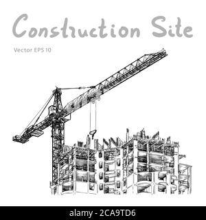 La costruzione di edifici e la gru a torre. Città. Tracciato di vettore Illustrazione Vettoriale