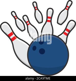 Palla di bowling impressionante isolato skittles vettore illustrazione per il bowling giorno 8 agosto. Simbolo del gioco di palla al coperto Illustrazione Vettoriale
