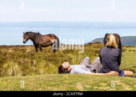 Exmoor National Park - una giovane coppia e pony rilassante sul punto più alto di Exmoor, Dunkery Beacon 1705 piedi 520 metri, Somerset UK Foto Stock