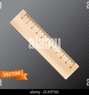 Dieci pollice o centimetro righello diritto di legno. Illustrazione vettoriale 3D realistica isolata su uno sfondo trasparente Illustrazione Vettoriale