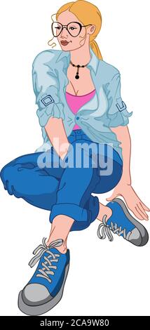 Donna giovane e felice con un'espressione facciale seria in camicia blu, jeans, sneakers, t-shirt rosa e occhiali seduti sul pavimento. Vettore Illustrazione Vettoriale