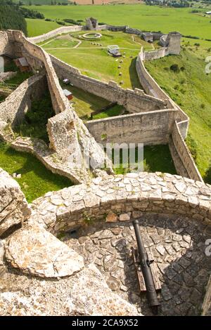 Spišské Podhradie Slovacchia 31 luglio 2020 UN cannone aspettava gli attaccanti nel Medioevo allo Spissky hrad Szepes vár. Foto Stock