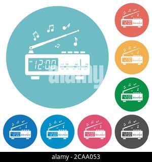 Radiosveglia vintage con icone bianche piatte per la musica su sfondi rotondi Illustrazione Vettoriale