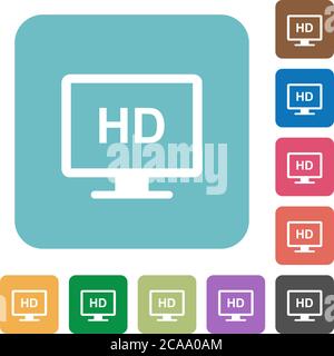 Display HD icone piatte bianche su sfondi quadrati arrotondati a colori Illustrazione Vettoriale