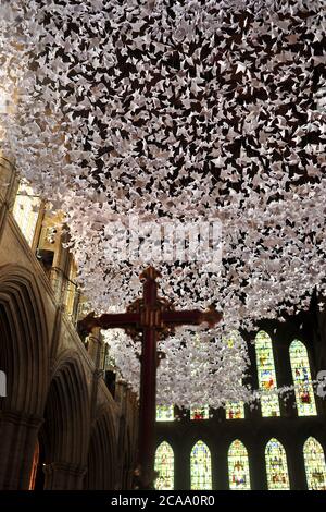 10000 gli angeli di Origami hanno riempito la Cattedrale di Ripon. Fatti da 100 volontari, gli angeli rappresentano una preghiera per coloro che sono stati colpiti dalla pandemia di Covid del 2020 Foto Stock