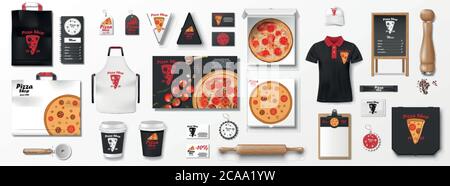 Mockup per pizzeria, caffè o ristorante. Set di branding realistico di scatola per pizza, volantino, uniforme, menu, confezione di cartone. Elementi di mockup pizza per Illustrazione Vettoriale