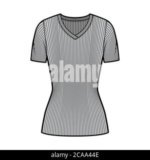 Maglia con collo a V a coste illustrazione tecnica moda con maniche a costoletta corta, lunghezza tunic. Modello di abbigliamento da outwear piatto, colore grigio. Donna, uomo, maglia unisex top mockup CAD Illustrazione Vettoriale