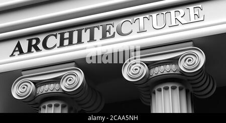 ARCHITETTURA, segno dell'edificio. Due colonne parte piedistallo, antico marmo greco bianco pietra, ionico rhythm colonne sfondo, banner. Parola di architettura o Foto Stock