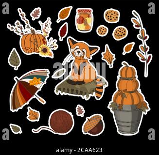 Serie di adesivi autunnali Vector. Ombrello e foglie cadenti. Foglie d'autunno. Stampa per bambini per tessuti e abbigliamento. Progettazione del prodotto. Illustrazione Vettoriale
