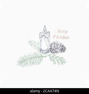 Buono o etichetta di auguri natalizi. Illustrazioni delle festività disegnate a mano. Albero di Natale Branch con Strobile e Burning Candle con Mistletoe Illustrazione Vettoriale